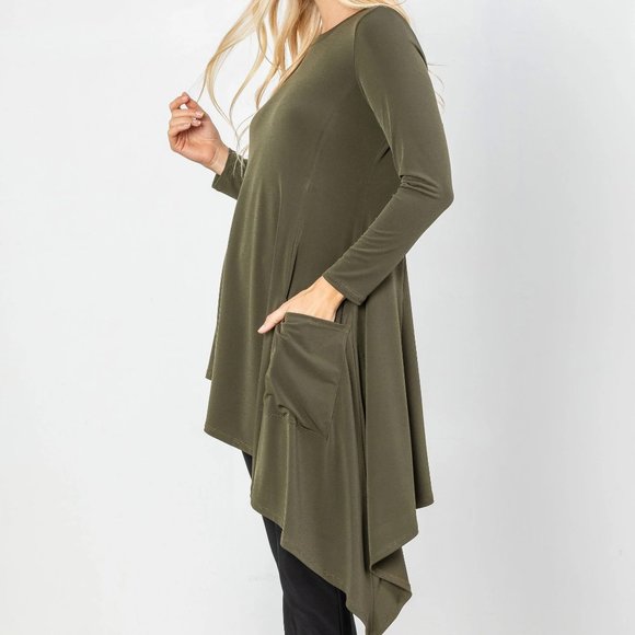 IC Collection Asymmetrical Hem TUNIC Top SZ XS Soft Knit Pocket Olive Green NEW - Picture 3 of 7